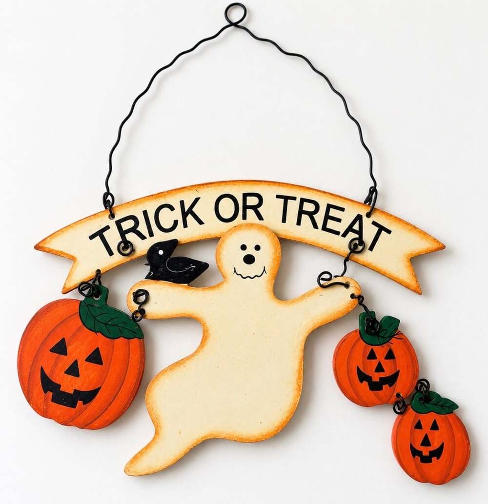Halloween Trick or Treat Ghost Pumpkin Wall Hanging Rustic 8x10